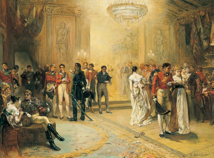 
 waterloo-battle,  wellington, the duchess of richmond's ball by robert alexander hillingford, 1870s, scene of brussels ball 1815, 1892 print, waterloo battle and wellington napoleon blucher quatre-bras