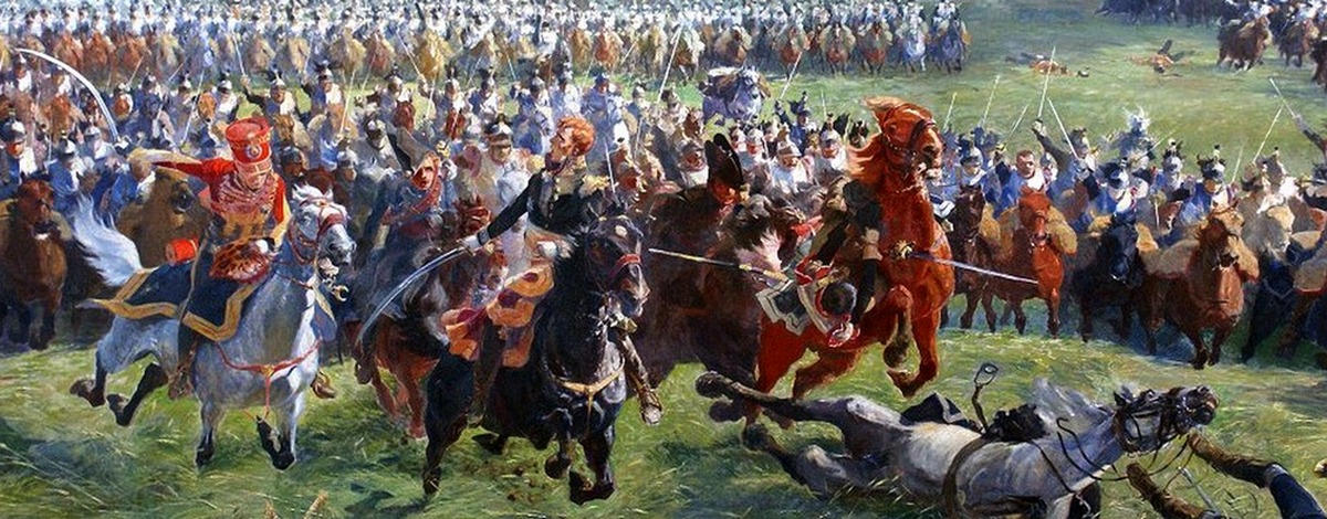 
 Battle of Waterloo famous panorama paiting showing Marshal Ney leading the French cavalry charges.  Fighting on June 19th 1815 in Belgium, 12 miles south of Brussels. Napoleon attacks Wellington with his superior force of cavalry.